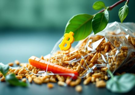 Ilustrasi jaringan blockchain yang menghubungkan petani, pabrik, dan konsumen dalam rantai pasokan makanan