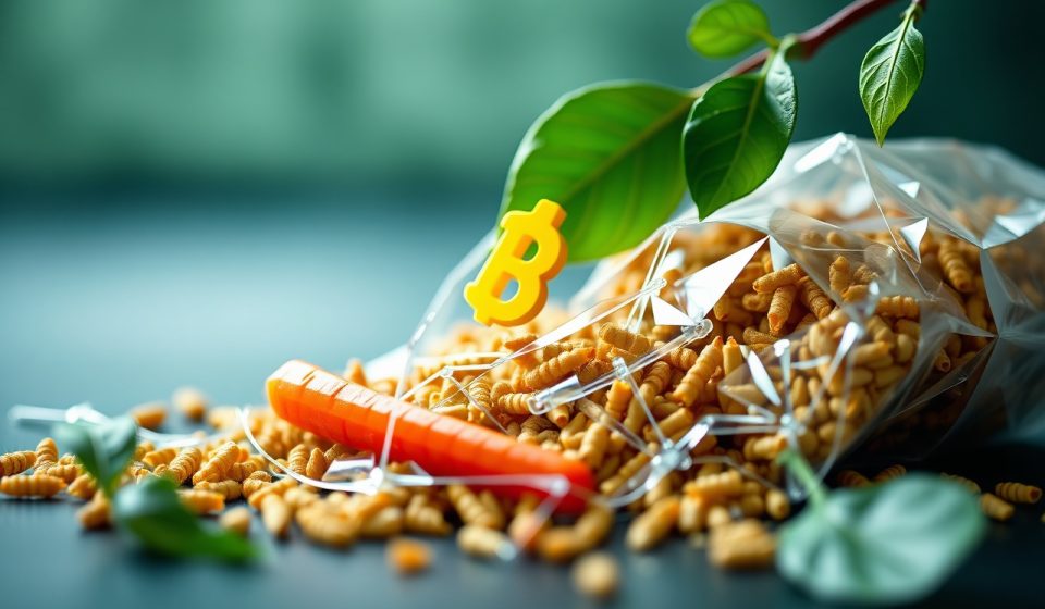 Ilustrasi jaringan blockchain yang menghubungkan petani, pabrik, dan konsumen dalam rantai pasokan makanan