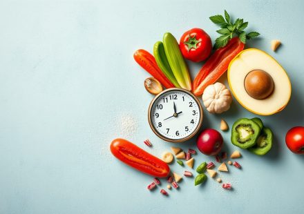 Ilustrasi orang sedang berpuasa intermiten dengan jam dan makanan sehat