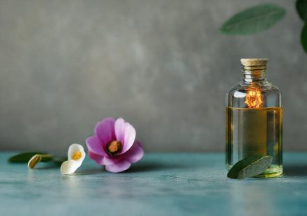 Botol minyak esensial dan lilin aromaterapi di meja kerja