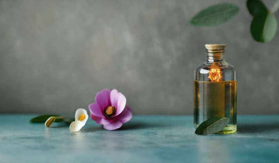 Botol minyak esensial dan lilin aromaterapi di meja kerja