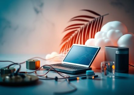Ilustrasi jaringan komputasi awan hibrida dengan server di pusat data dan layanan cloud publik