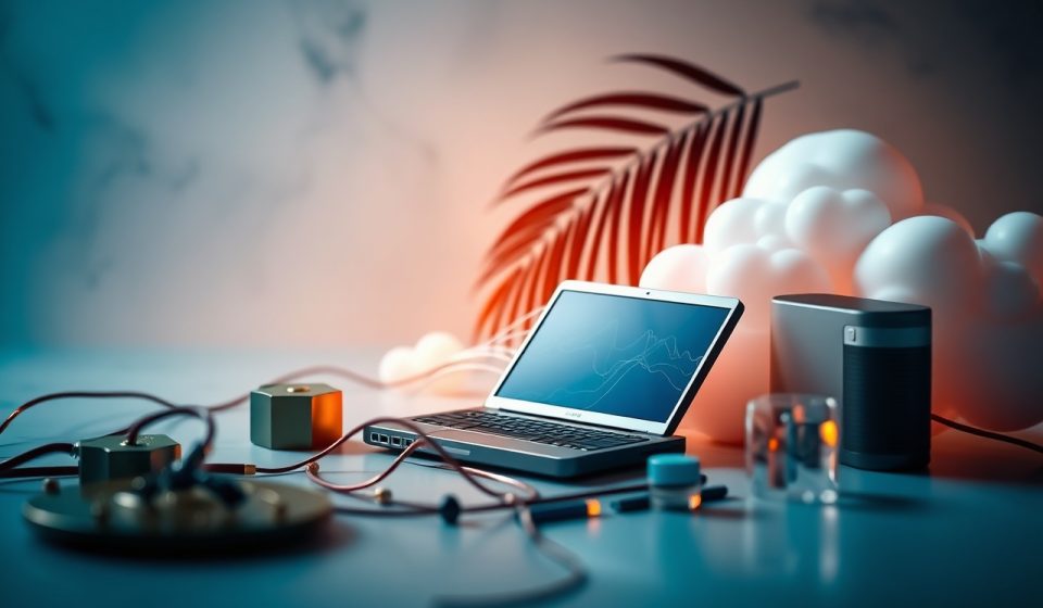 Ilustrasi jaringan komputasi awan hibrida dengan server di pusat data dan layanan cloud publik