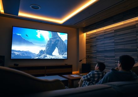 Ruang tamu modern dengan sistem home theater immersive dan layar lebar