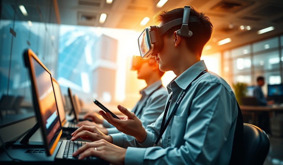 Masa Depan Metaverse di Indonesia: Aplikasi Praktis untuk Pendidikan dan Industri Ilustrasi ruang metaverse dengan avatar belajar dan berbisnis dalam lingkungan virtual