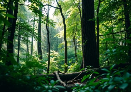Orang sedang berjalan perlahan di hutan tropis, menikmati suasana forest bathing
