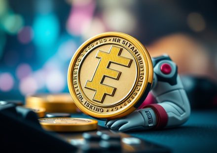 Ilustrasi karakter game dengan token NFT berkilau di latar belakang blockchain