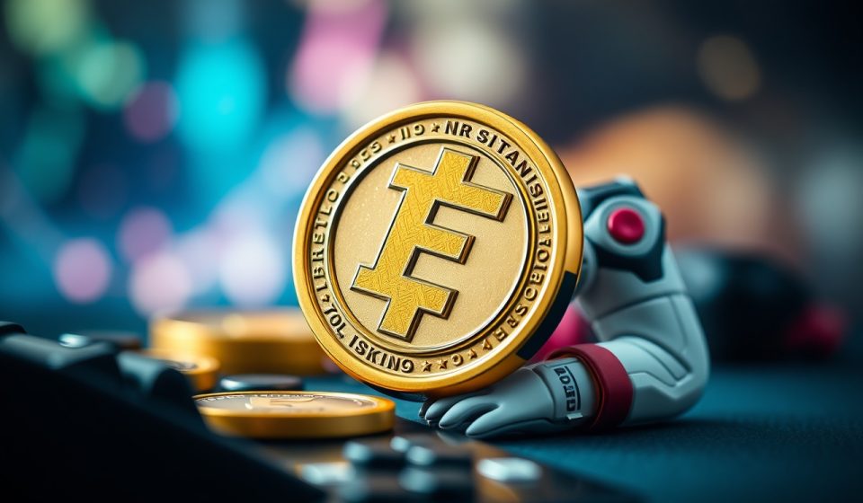 Ilustrasi karakter game dengan token NFT berkilau di latar belakang blockchain