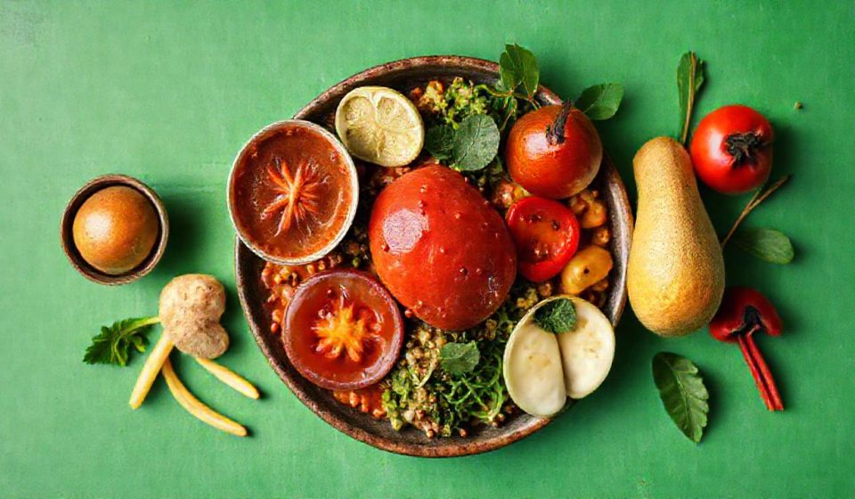 Piring berisi salad sayuran segar, buah-buahan, dan kacang sebagai contoh pola makan berbasis tanaman