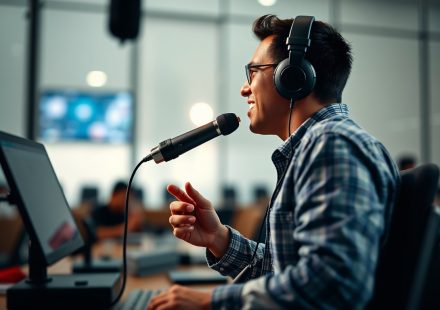 Ilustrasi mikrofon dan logo podcast Indonesia