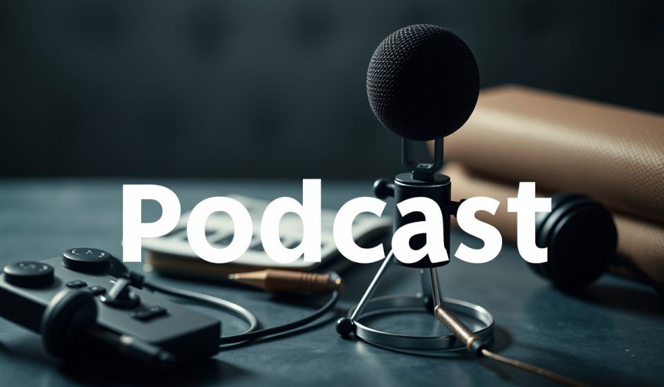 Ilustrasi mikrofon dan laptop sebagai peralatan membuat podcast