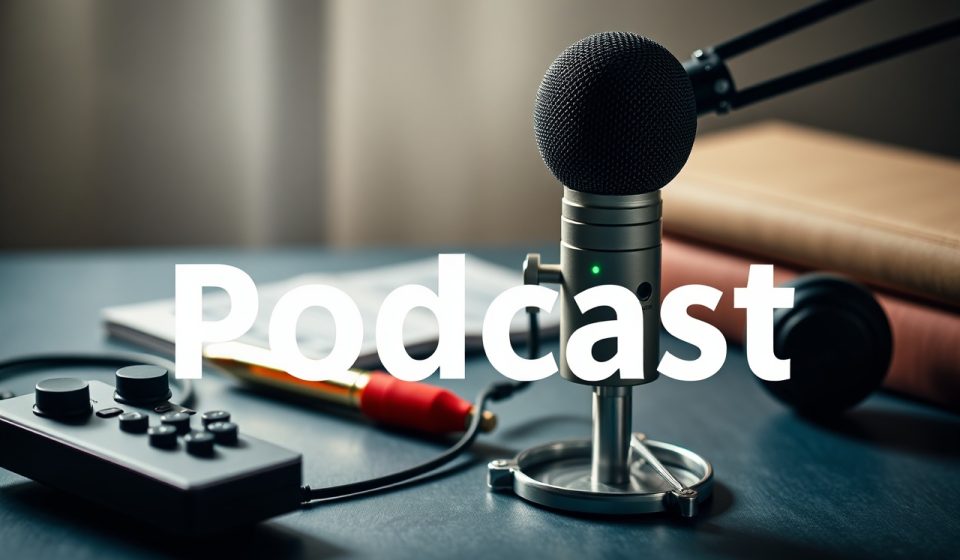Ilustrasi mikrofon dan logo podcast di Indonesia