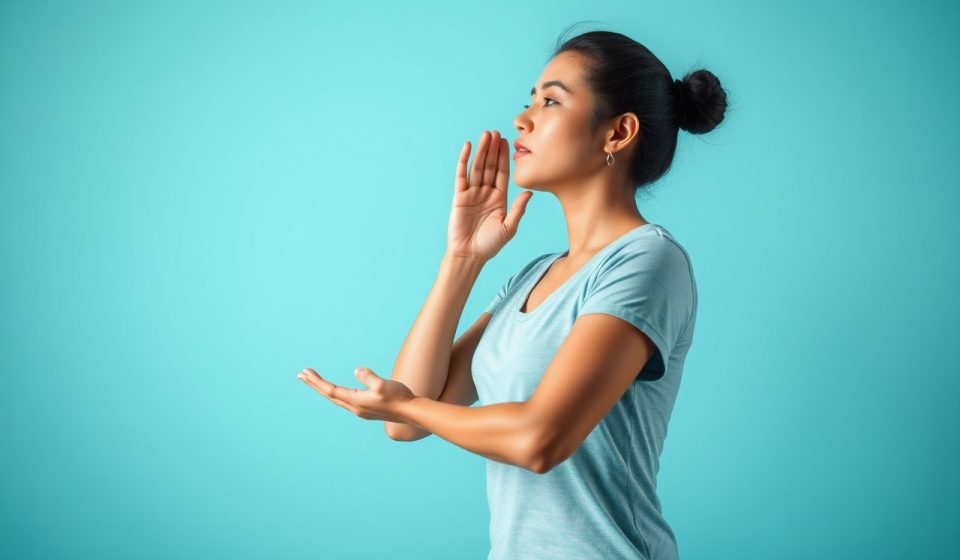 Orang sedang melakukan teknik pernapasan box breathing dengan tangan di perut