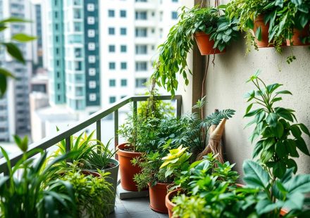 Kebun vertikal berwarna hijau di balkon apartemen kota