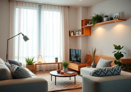 Ruang tamu modern dengan perangkat smart home terintegrasi