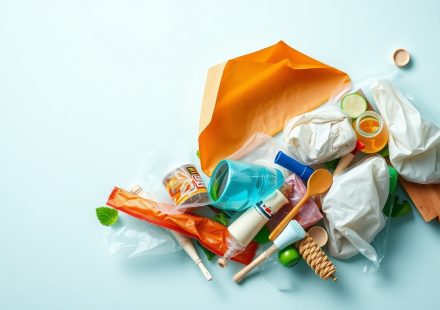 Gambar ilustrasi gaya hidup zero waste dengan botol kaca dan tas belanja kain