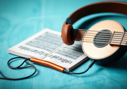Orang sedang mendengarkan musik dengan headphone di ruangan tenang, menutup mata menikmati relaksasi