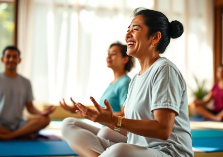 Orang melakukan yoga tertawa di taman